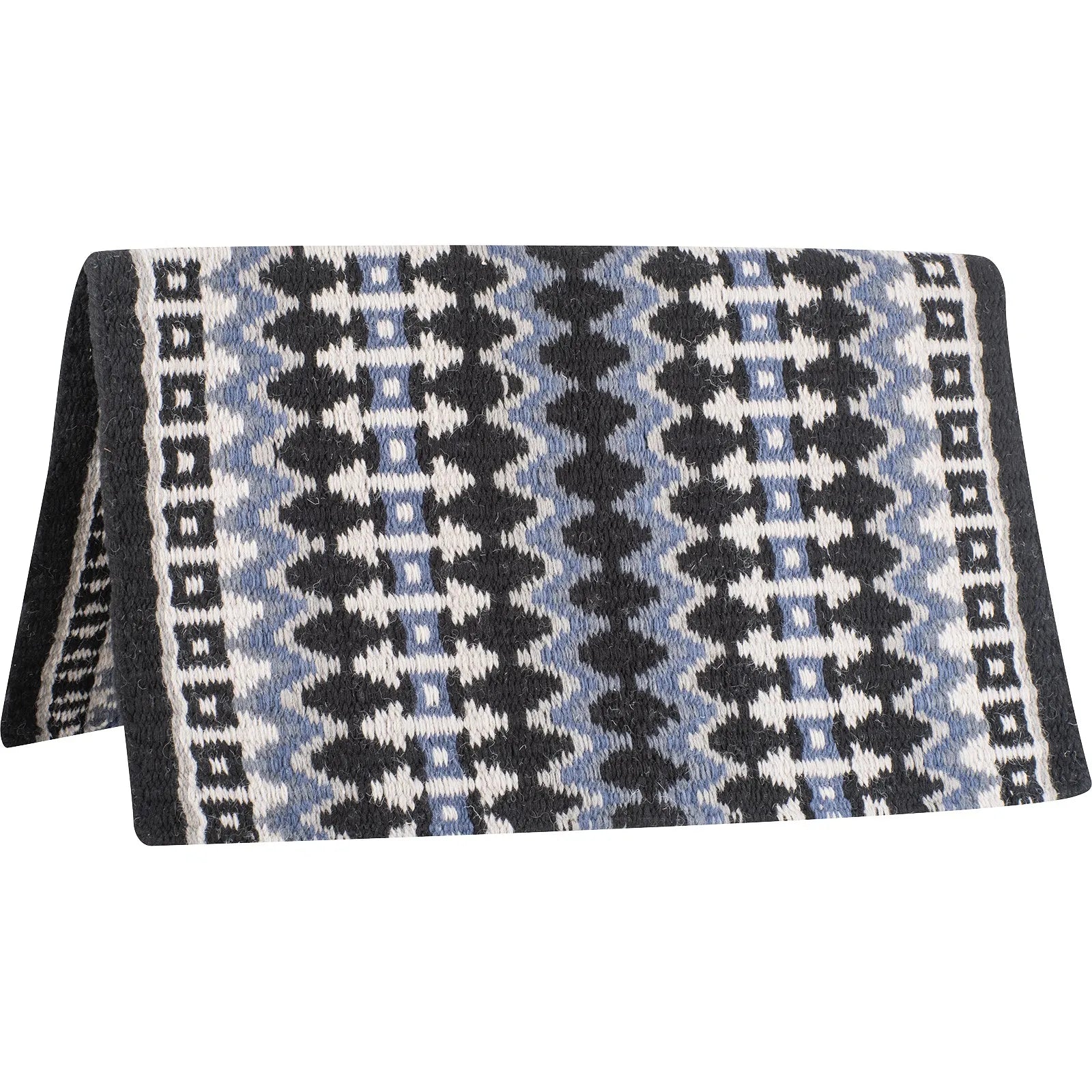 Classic Equine Western Show Saddle Blanket in Coffee Blue, handcrafted in the USA. This premium woven wool blanket features a bold geometric Southwestern design in shades of dark coffee, light blue, and cream. Perfect for horse shows, reining, and western pleasure, this high-quality saddle pad provides a professional arena look with durable, heavy-duty construction for the serious equestrian.