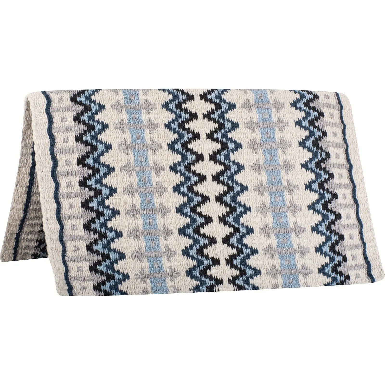Classic Equine Western Show Saddle Blanket in Coffee Blue, a premium USA-made woven horse blanket featuring an intricate geometric pattern with bold blue and black zig-zags. This durable equestrian tack is perfect for the show ring or training, offering a professional look with high-quality craftsmanship. Enhance your Western saddle setup with this stylish and functional woven wool saddle pad designed for both comfort and performance.