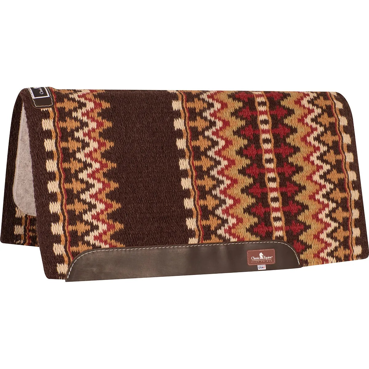 Classic Equine Wool Top 3/4-inch Saddle Pad featuring a rich Southwestern geometric pattern in deep brown, burgundy red, gold, and cream. This high-quality Western saddle pad includes durable brown leather wear leathers with the Classic Equine logo and a thick shock-absorbing felt underside. Perfect for performance or trail riding, this stylish equestrian gear provides superior comfort and protection for your horse's back.