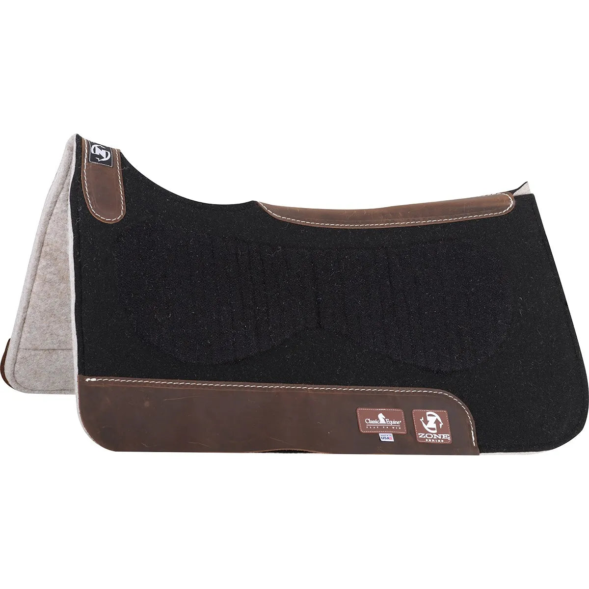 Classic Equine Zone Felt Top/Bottom Saddle Pad, 30" x 32" x 1", featuring a black felt exterior and grey felt underside. This western saddle pad includes high-quality brown leather wear leathers and a reinforced leather spine with white stitching for durability and style. Contoured for horse comfort and protection, the Zone Series pad is essential equestrian tack for impact absorption and pressure relief during rides.