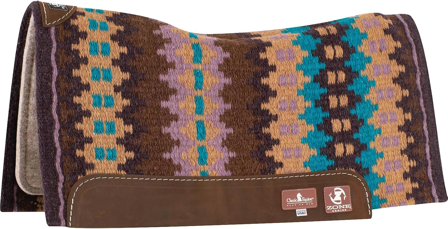 Patterned horse saddle pad with brand logo on a white background