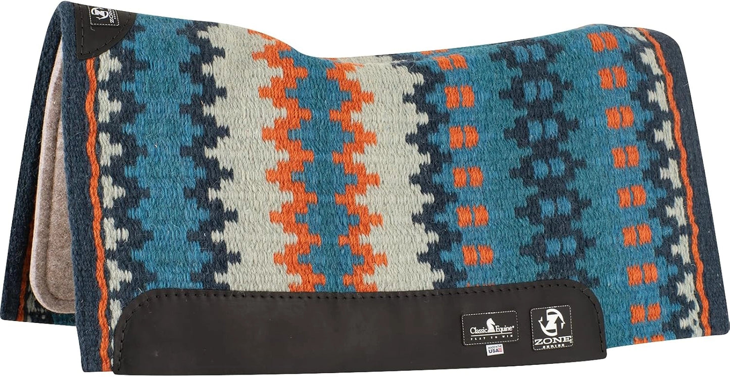 Patterned saddle pad with geometric design on a white background