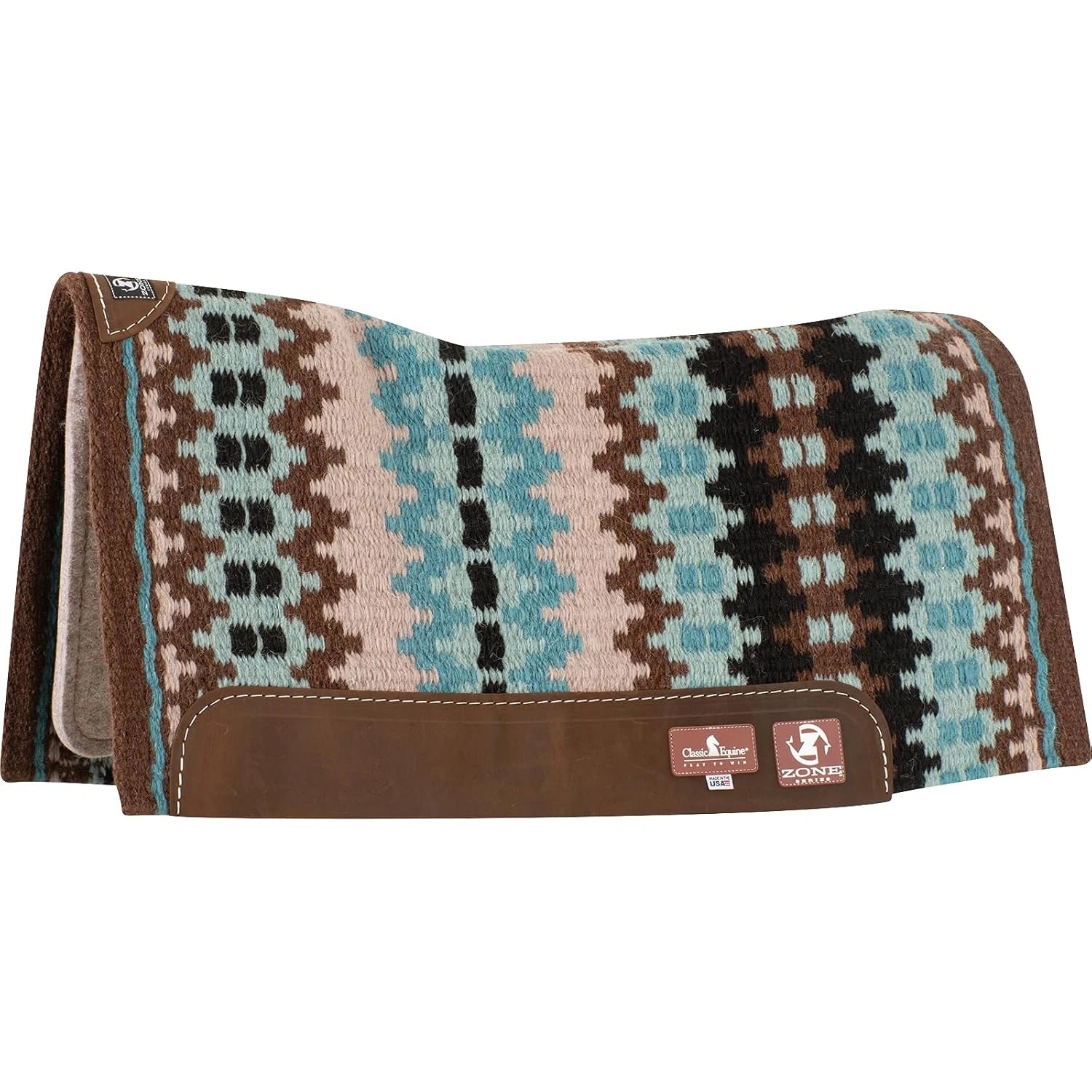 Patterned saddle pad with brown border on a white background