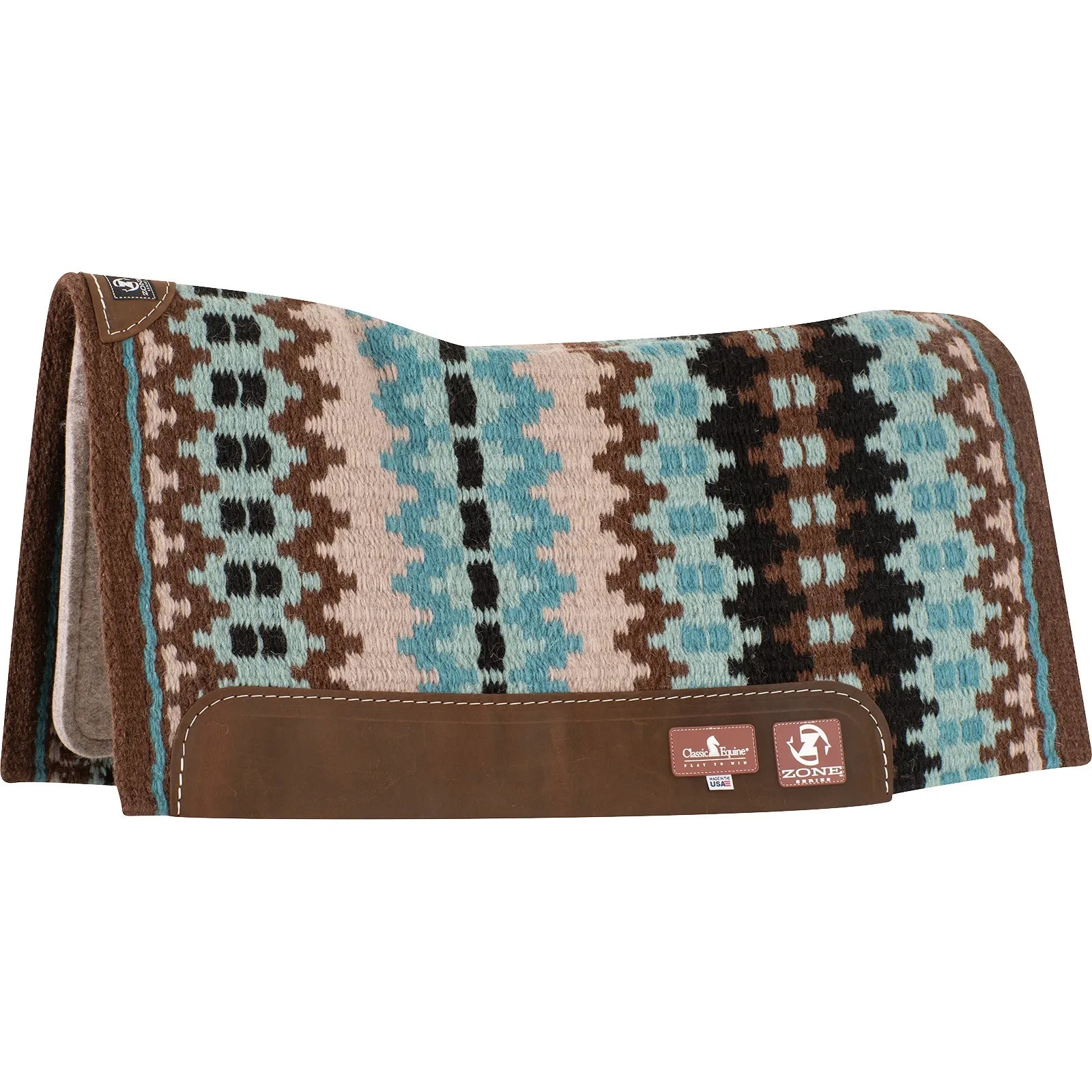 Classic Equine Zone Series Wool Blanket Top Western Saddle Pad featuring a vibrant southwestern geometric pattern in turquoise, brown, tan, and black. This premium equestrian tack includes a 100% New Zealand wool top, durable leather wear leathers, and a moisture-wicking felt bottom. Ideal for barrel racing, roping, or trail riding, its contoured design ensures a perfect fit and superior shock absorption for maximum horse comfort and performance.