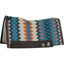 Classic Equine Zone Series Western Saddle Pad with a hand-woven wool blanket top in a bold teal, orange, and navy Southwest geometric pattern. This contoured horse saddle pad features durable dark brown leather wear leathers and advanced shock protection. Perfect for barrel racing, roping, or trail riding, this stylish high-performance pad combines traditional Western aesthetics with modern equine technology.