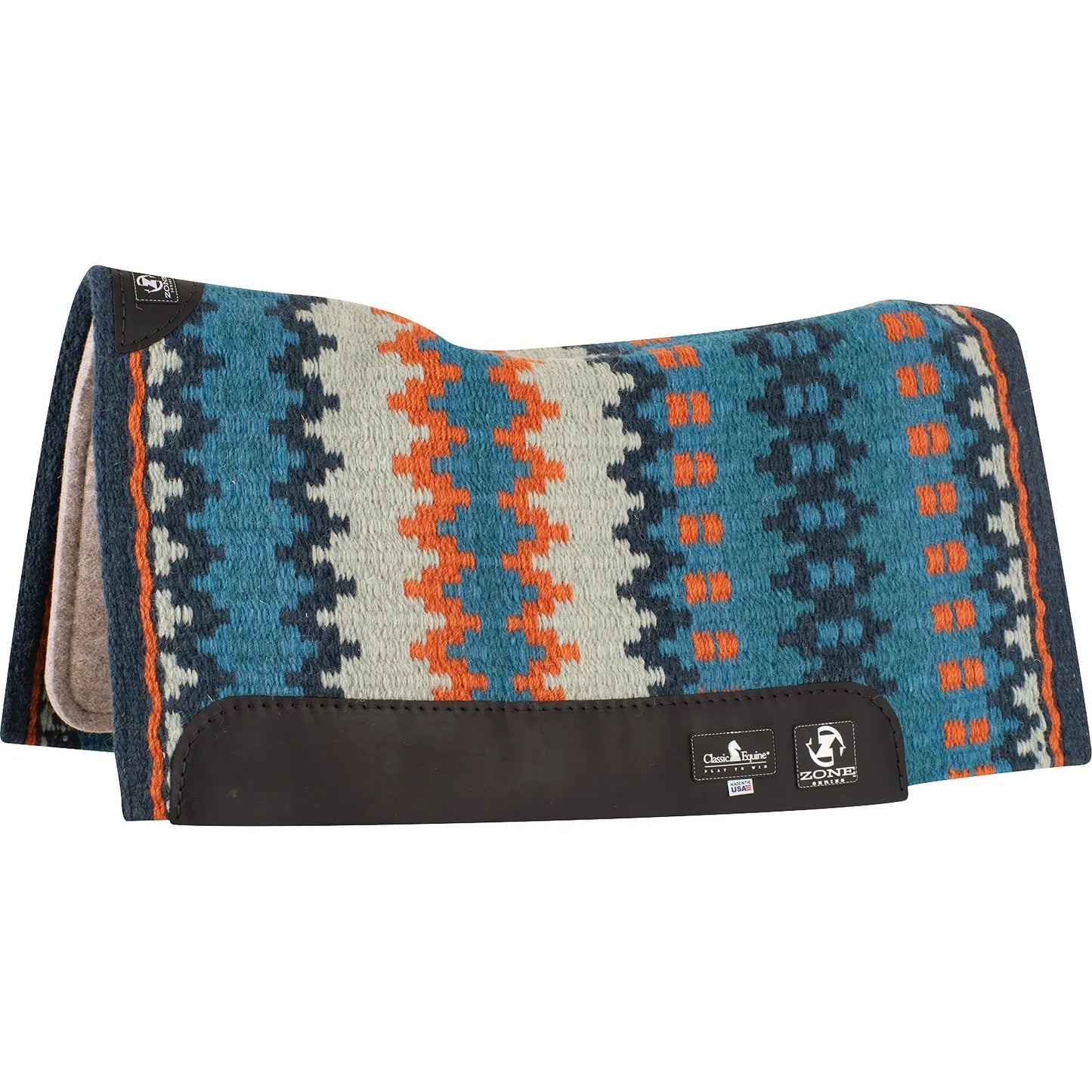 Classic Equine Zone Series Western Saddle Pad with a hand-woven wool blanket top in a bold teal, orange, and navy Southwest geometric pattern. This contoured horse saddle pad features durable dark brown leather wear leathers and advanced shock protection. Perfect for barrel racing, roping, or trail riding, this stylish high-performance pad combines traditional Western aesthetics with modern equine technology.
