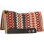 Classic Equine Zone Series Wool Blanket Top Western Saddle Pad featuring a vibrant Southwestern geometric pattern in burgundy, tan, cream, and charcoal. This high-performance horse pad includes durable black leather wear leathers, a contoured spine for a superior fit, and advanced impact protection for the horse's back. Ideal for western performance, ranch work, or trail riding. A stylish and functional addition to any equestrian tack collection.