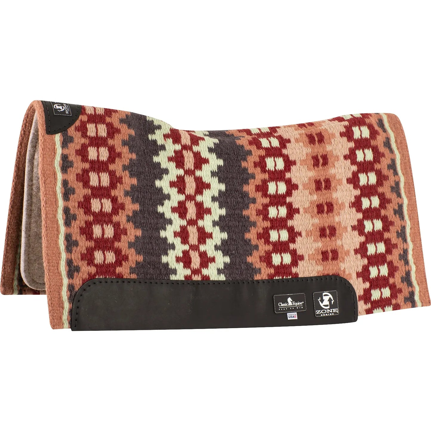 Classic Equine Zone Series Wool Blanket Top Western Saddle Pad featuring a vibrant Southwestern geometric pattern in burgundy, tan, cream, and charcoal. This high-performance horse pad includes durable black leather wear leathers, a contoured spine for a superior fit, and advanced impact protection for the horse's back. Ideal for western performance, ranch work, or trail riding. A stylish and functional addition to any equestrian tack collection.
