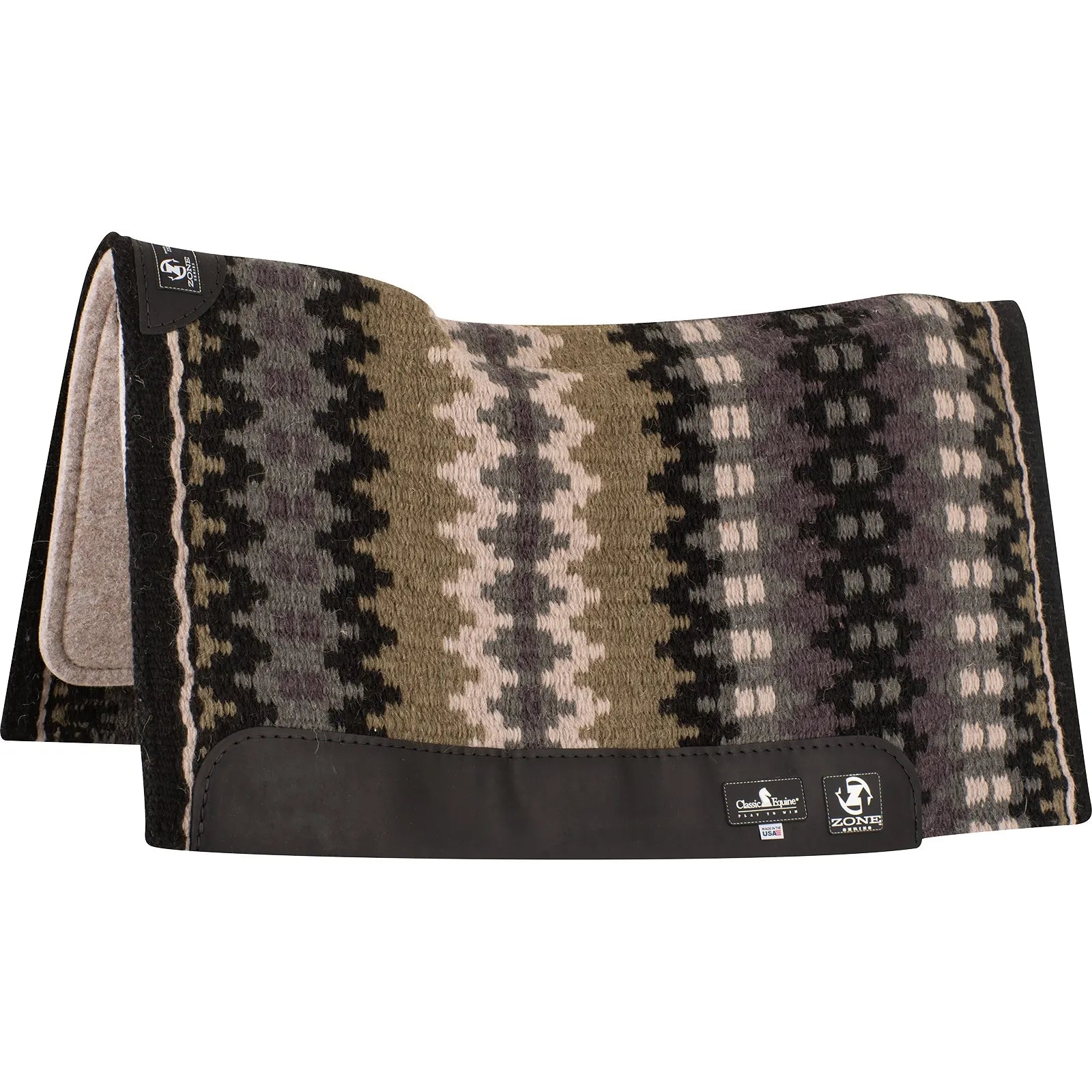Classic Equine Zone Series Western Saddle Pad featuring a woven wool blanket top in a neutral Navajo zig-zag pattern of black, charcoal, olive tan, and cream. This high-performance pad includes a shock-absorbing felt liner and protective black leather wear leathers. Ideal for Western riding, barrel racing, or trail riding, this durable saddle pad provides superior comfort and professional style. High-quality equestrian gear for performance and protection.