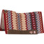 Classic Equine Zone Series Wool Blanket Top Western Saddle Pad featuring a vibrant Southwest geometric pattern in crimson red, charcoal grey, and tan. This contoured saddle pad includes a shock-absorbing felt liner and durable brown leather wear leathers with branded logos. Perfect for western performance, roping, or trail riding, it combines professional-grade horse protection with high-end style for any equestrian.
