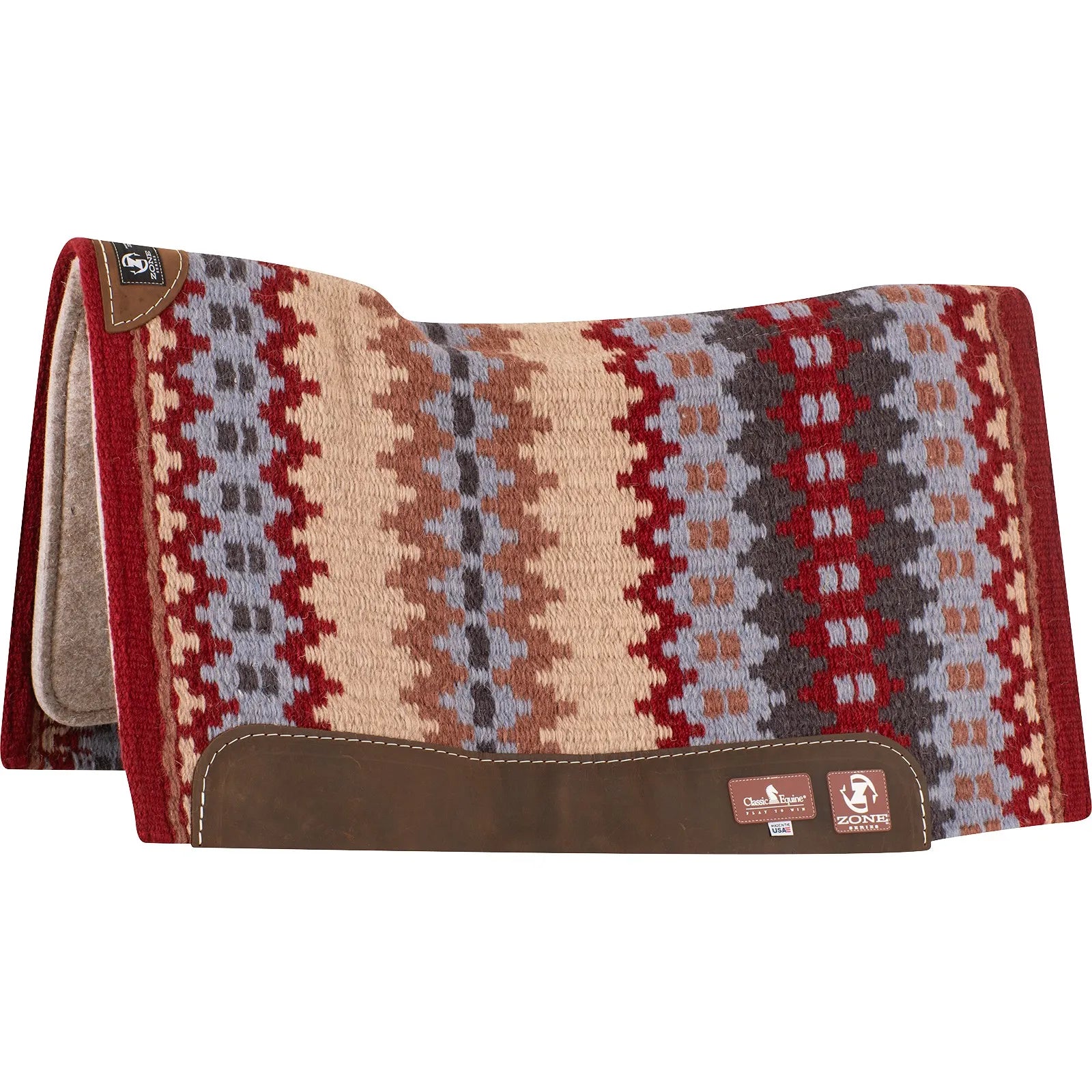 Classic Equine Zone Series Wool Blanket Top Western Saddle Pad featuring a vibrant Southwest geometric pattern in crimson red, charcoal grey, and tan. This contoured saddle pad includes a shock-absorbing felt liner and durable brown leather wear leathers with branded logos. Perfect for western performance, roping, or trail riding, it combines professional-grade horse protection with high-end style for any equestrian.