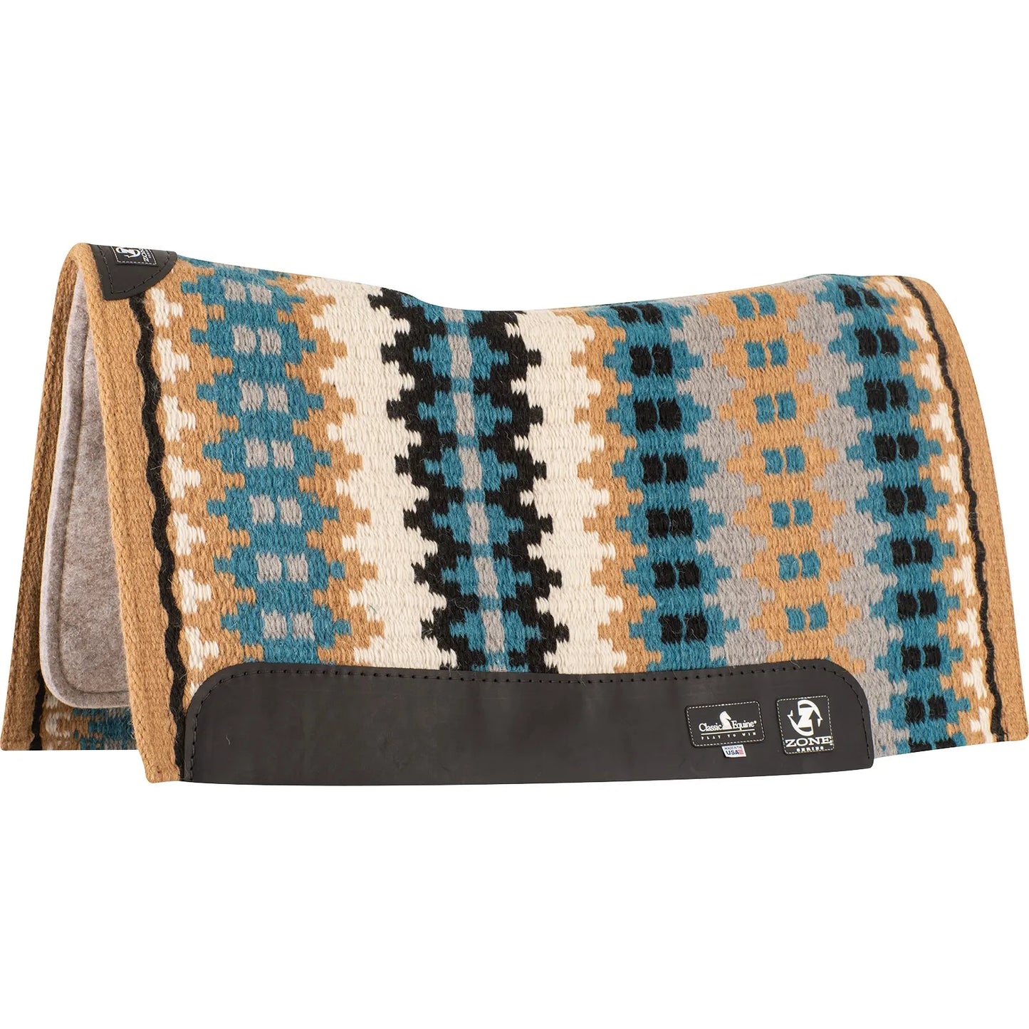 Classic Equine Zone Series Wool Blanket Top Western Saddle Pad featuring a vibrant teal, tan, and cream Southwest geometric pattern. This contoured horse saddle pad includes premium black leather wear leathers and a thick felt bottom for superior shock absorption and comfort. Perfect for western performance, ranch work, or trail riding, this high-quality wool blanket top pad offers a professional look and durable protection for your horse’s back.