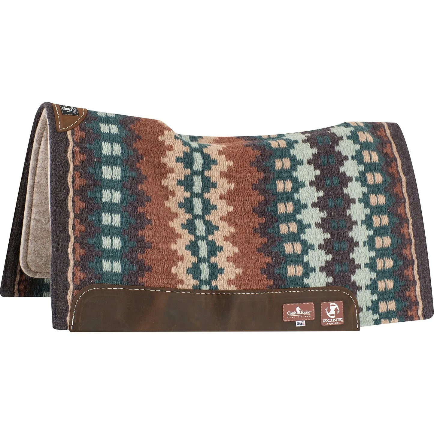 Classic Equine Zone Series Western Saddle Pad featuring a hand-woven wool blanket top with a vibrant Southwestern geometric pattern in teal, brown, and tan. This contoured horse pad includes durable brown leather wear leathers for added protection and a professional look. Ideal for Western riding, ranch work, or trail adventures, it provides superior shock absorption and pressure relief. High-quality horse tack designed for performance, comfort, and style.