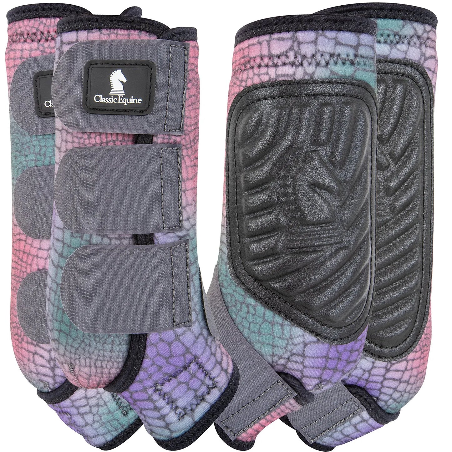 Classic Equine Classic Fit Gator 4 Pack Splint Boots featuring a vibrant pink, purple, and teal alligator scale pattern. This set includes front and hind horse boots with secure grey hook-and-loop straps and durable black rubber strike pads embossed with the horse head logo. These stylish and protective boots offer a contoured fit for horse leg support and impact protection, perfect for Western riding, barrel racing, or everyday schooling.
