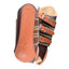 Classic Equine dark brown leather splint boots for horses featuring durable tan leather strike pads and white contrast stitching. The secure design includes three adjustable silver-tone buckles on brown and tan striped elastic straps for a customizable fit. These high-quality equestrian leg boots offer ultimate protection and professional style for training and performance, making them essential gear for horse owners and riders.