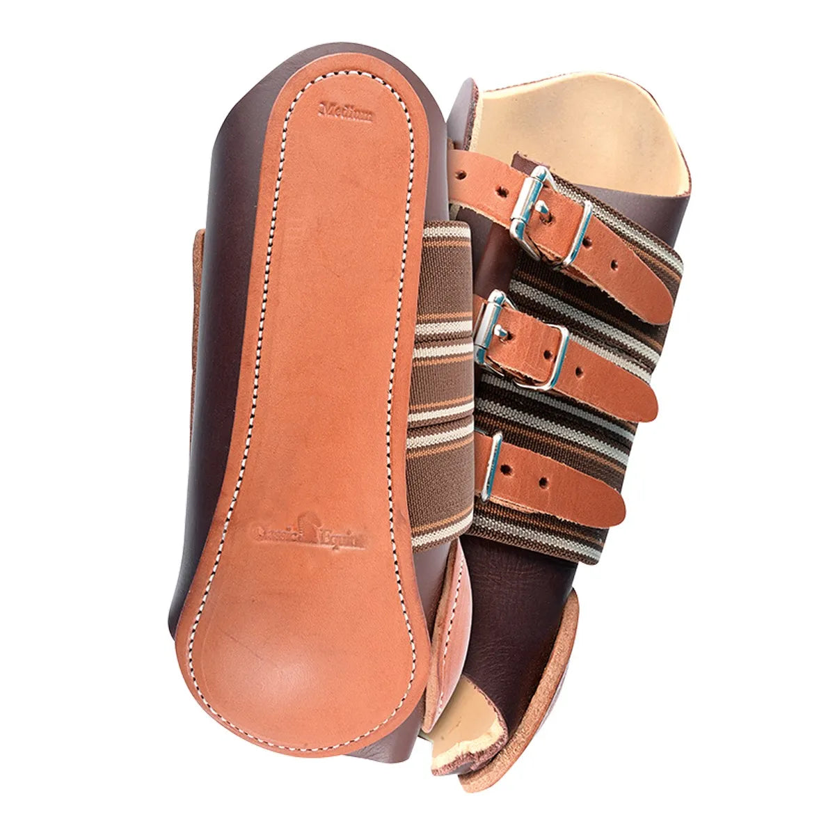 Classic Equine dark brown leather splint boots for horses featuring durable tan leather strike pads and white contrast stitching. The secure design includes three adjustable silver-tone buckles on brown and tan striped elastic straps for a customizable fit. These high-quality equestrian leg boots offer ultimate protection and professional style for training and performance, making them essential gear for horse owners and riders.
