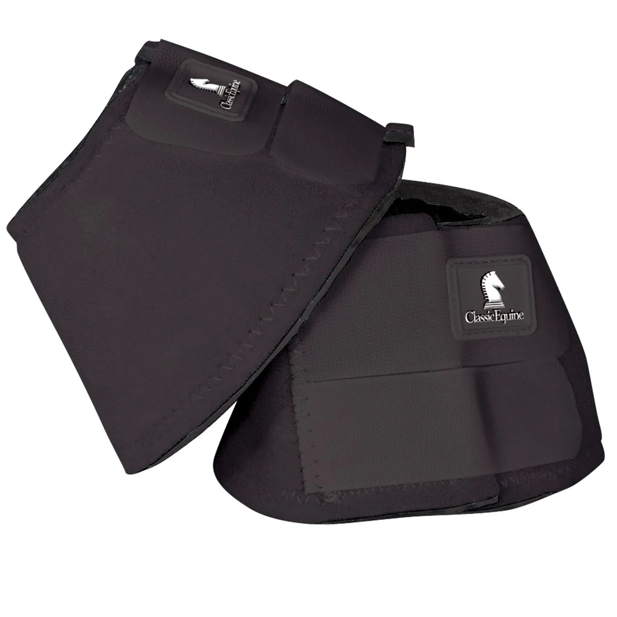 Classic Equine black neoprene bell boots designed for superior horse hoof protection. These durable, shock-absorbing boots feature heavy-duty hook-and-loop closures for a secure fit, preventing overreach injuries during riding or turnout. High-quality equestrian gear with a sleek black finish and the signature white horse head logo, perfect for keeping your horse safe and comfortable.