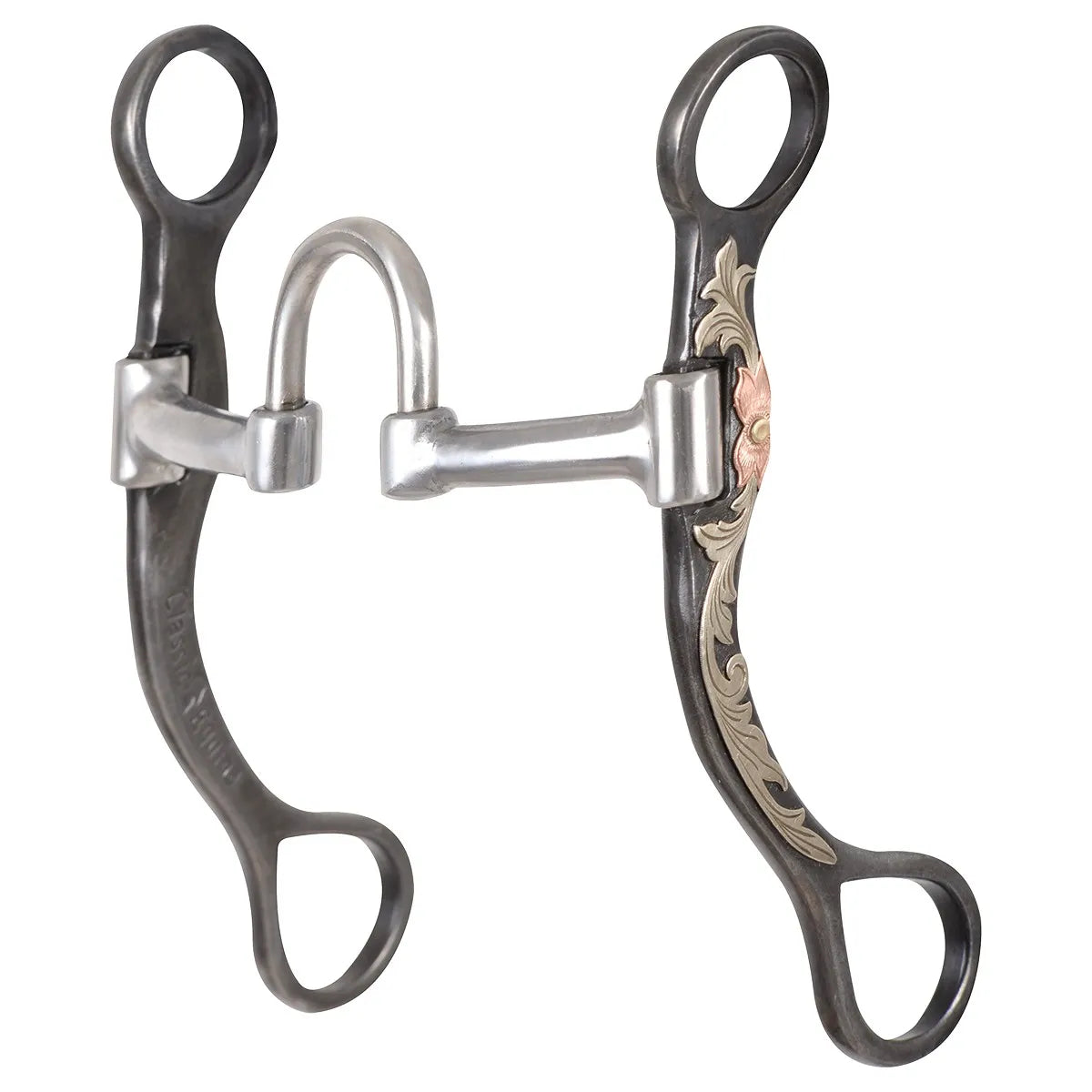 Classic Equine 7.5" Cheek Correction Bit for horses, featuring a high port silver mouthpiece and blackened steel shanks with intricate silver and copper floral engravings. This western correction bit offers enhanced control and independent lateral movement through its swivel joints. High-quality equestrian tack ideal for training and western performance disciplines.