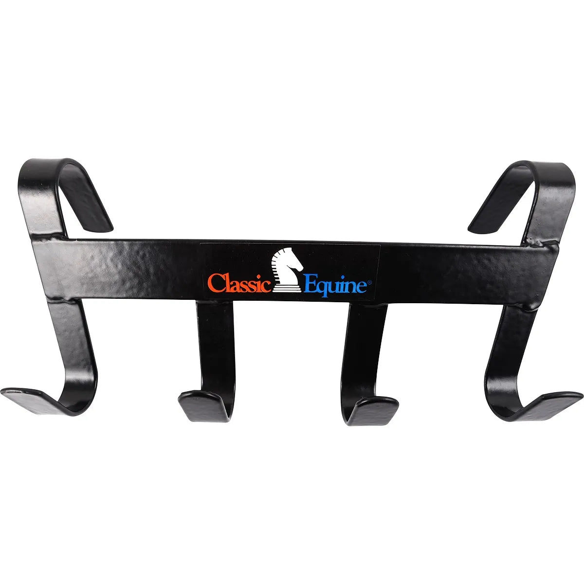 Classic Equine 4-Hook Bridle Hanger in sleek black, featuring a portable over-the-fence design perfect for equestrian tack room organization. This durable steel horse bridle rack includes four wide hooks for halters and leads and two sturdy top hangers to easily mount over stall doors or rails. A stylish and functional barn accessory for horse lovers looking to keep their gear tidy and accessible.