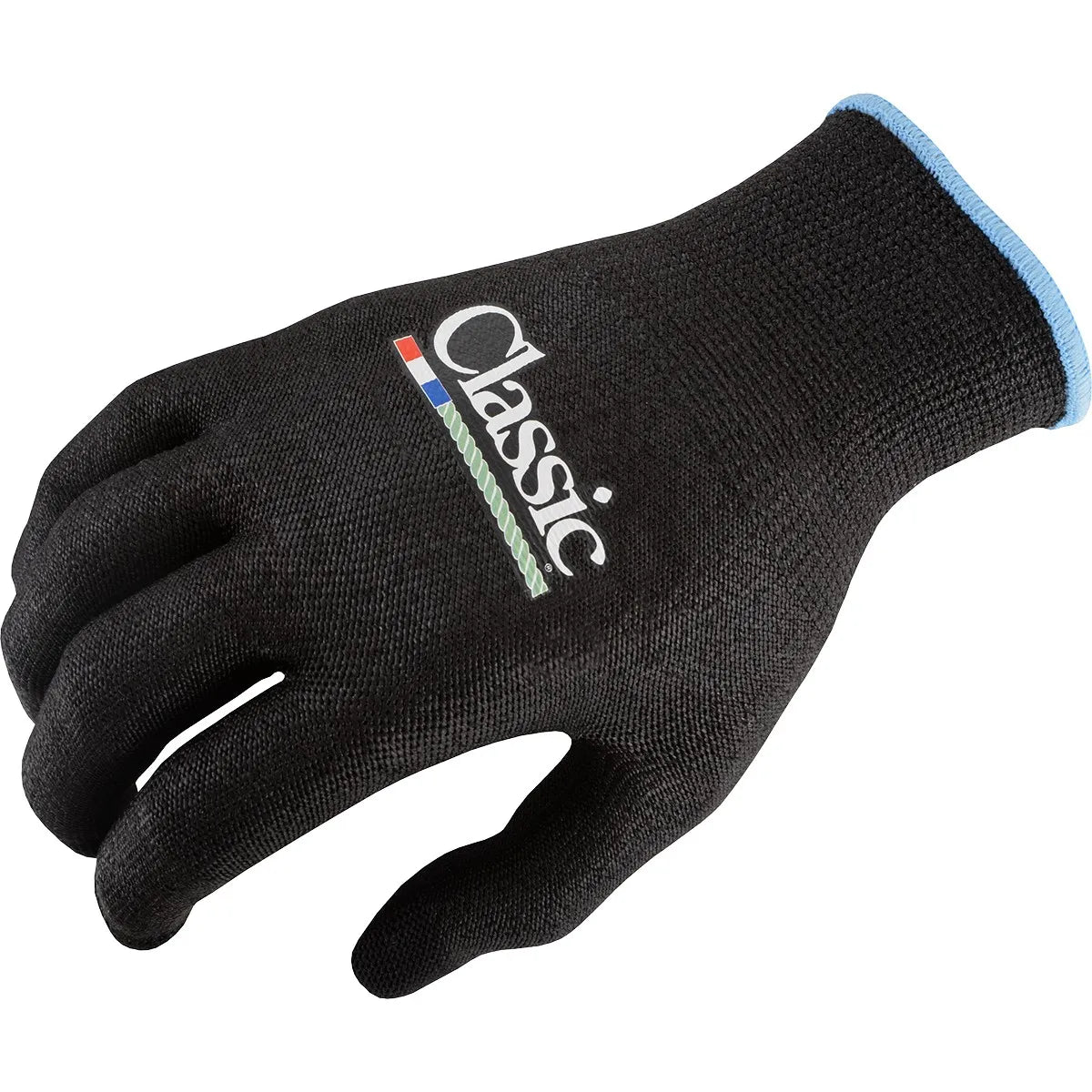 Classic Rope Company black horse roping glove featuring a light blue elastic wrist cuff and a breathable knit design for superior grip. This professional equine glove displays the white Classic logo and a colorful rope graphic on the back of the hand. Ideal for team roping and equestrian sports, these durable gloves provide essential hand protection and performance for riders in the arena.