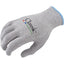 Classic Rope Company grey knit roping glove featuring a textured fabric for superior grip and protection. The glove displays the signature "Classic" logo with red, white, blue, and green stripes and a light blue elastic wrist band. Perfect for team roping, ranch work, and equine tasks, these durable gloves provide a secure hold and hand safety. Pack of 6 white and grey equine roping gloves for horseback riders.