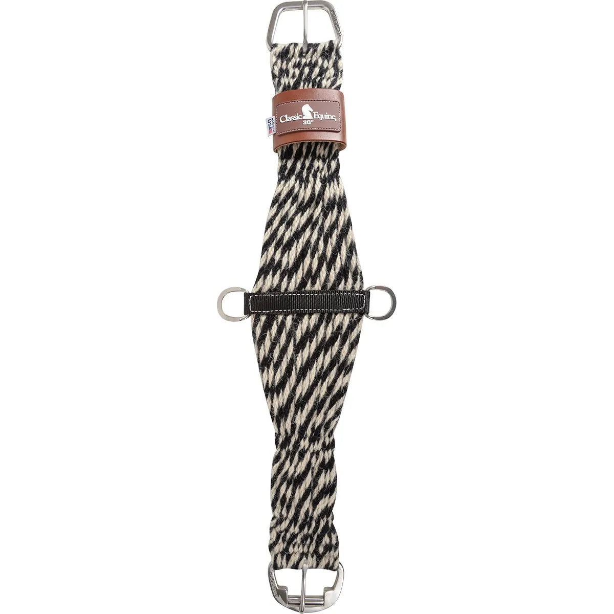 Classic Equine mohair cinch featuring a striking black and natural cream twisted rope pattern. This durable western horse cinch includes stainless steel buckles, two side D-rings for attachments, and a reinforced brown leather center keeper with the Classic Equine logo. Designed for maximum horse comfort and style, this high-quality mohair cinch prevents slipping and chafing during trail rides or competition.