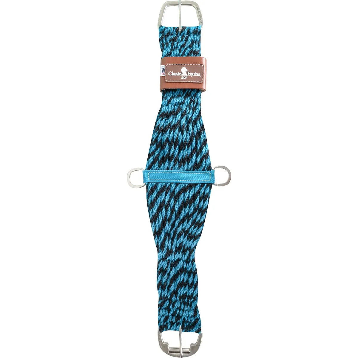 Classic Equine 30-inch Mohair Cinch in a vibrant turquoise blue and black woven rope pattern. This premium western horse cinch features durable stainless steel buckles and a brown leather reinforced centerpiece. Designed for ultimate horse comfort, breathability, and stability, it's the perfect addition to your horse tack collection for trail riding, ranch work, or western competition.