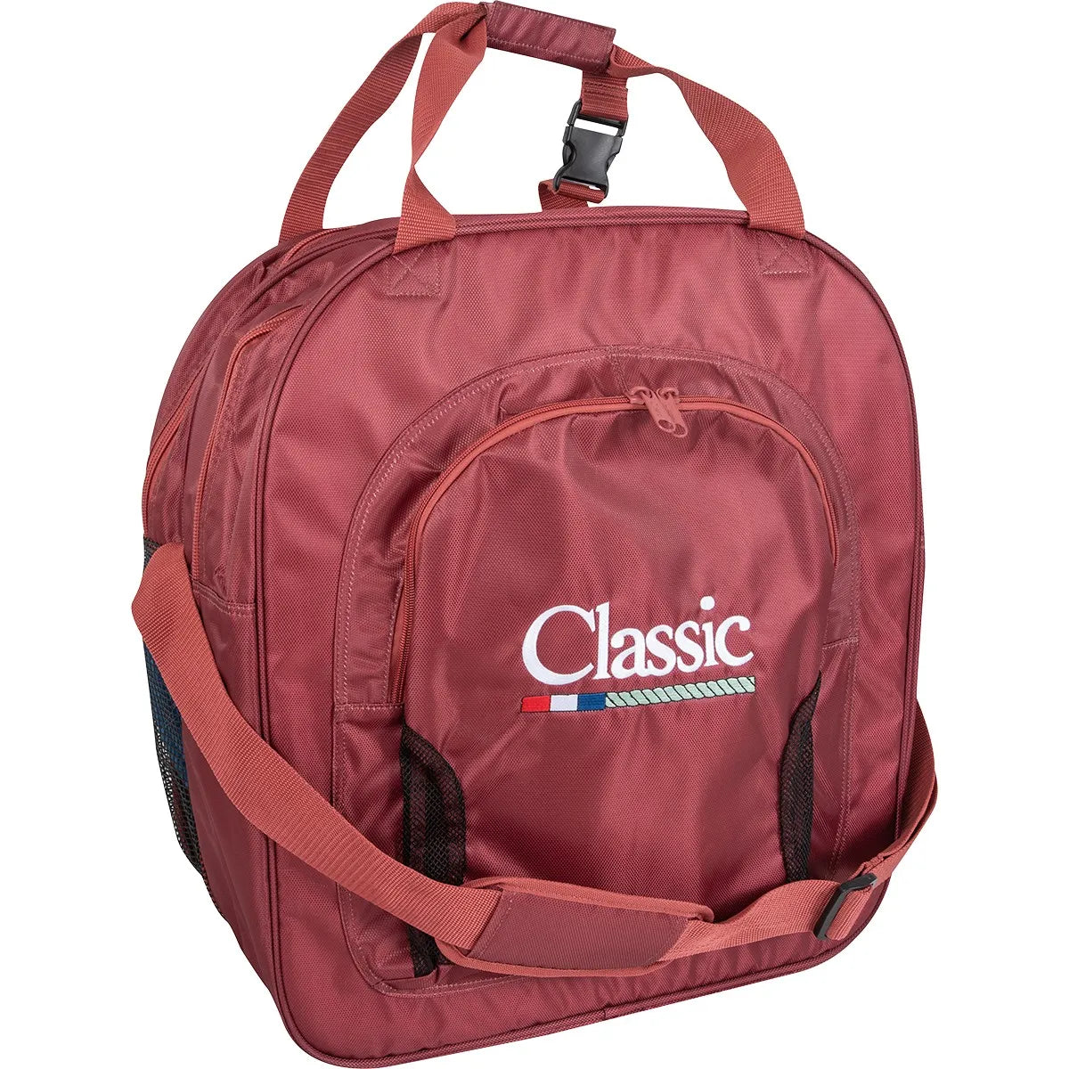 Classic Rope Super Deluxe Rope Bag in rust. This durable rodeo rope organizer features a spacious main compartment, a front zip pocket with the "Classic" logo, and mesh side storage. Designed for western athletes, it includes dual carry handles with a buckle closure and an adjustable padded shoulder strap for comfort. Ideal for keeping competition ropes clean, organized, and protected on the road.