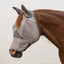Cashel Crusader Sun Fly Mask in grey on a chestnut horse, featuring a durable mesh design for ultimate UV and fly protection. This equestrian fly mask includes soft ear covers and a long nose piece to prevent sunburn and insect irritation. The breathable mesh ensures clear vision and comfort, providing essential summer fly control for horses with sensitive skin or white noses. Perfect for pasture protection and outdoor horse care.