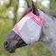 Profile of a horse wearing a grey Cashel Crusader Sun Fly Mask with vibrant pink trim. This durable horse fly mask features breathable mesh for ultimate pest and UV protection, comfortable ear holes, and an adjustable chin strap. Includes the Cashel logo and a pink ribbon emblem, making it a stylish and protective choice for summer horse care and equestrian sun safety.