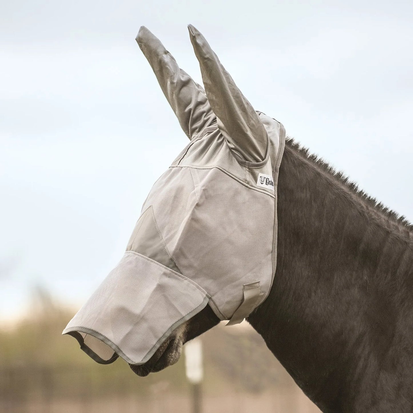 Cashel Crusader Fly Mask for long-eared equines featuring extra-long ear covers and a nose flap for maximum UV and fly protection. This grey mesh mask shields eyes, ears, and nose from sun damage and pests. A durable, breathable solution for horse care, providing ultimate comfort and safety for sun-sensitive mules and donkeys during summer grazing.