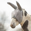 Cashel Crusader Sun Fly Mask in grey with long ears, shown on a spotted donkey. This premium horse fly mask provides ultimate UV and fly protection with a breathable, darted mesh design that keeps the fabric safely away from the eyes. Durable and comfortable equine gear designed to protect sensitive ears and eyes from pests and sun damage in the pasture. Perfect for horses, mules, and donkeys needing reliable fly defense.