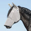 Cashel Crusader Sun Fly Mask in grey on a black horse, featuring full-face coverage with ears and a long nose. This breathable mesh fly mask provides ultimate UV and fly protection, shielding horses from harmful sun rays and biting insects. A high-quality equestrian accessory designed for pasture comfort, durability, and effective sun safety.