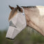 Cashel Crusader Long Nose Fly Mask in grey mesh provides ultimate UV protection and insect defense for horses. Featuring comprehensive eye and nose coverage, this durable equestrian accessory prevents sunburn and irritating fly bites. Shown on a paint horse, the breathable mesh design ensures comfort during summer turnout, making it a must-have for horse health and pest control.