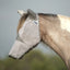 Side profile of a paint horse wearing a grey Cashel Crusader Sun Fly Mask with ears and long nose. This ultimate horse fly mask provides superior UV protection and insect defense. The durable, breathable silver mesh covers the eyes, ears, and muzzle to prevent sunburn and irritation. Ideal for horses with pink skin or sensitive eyes, this Cashel mask ensures a comfortable, secure fit during summer turnout.