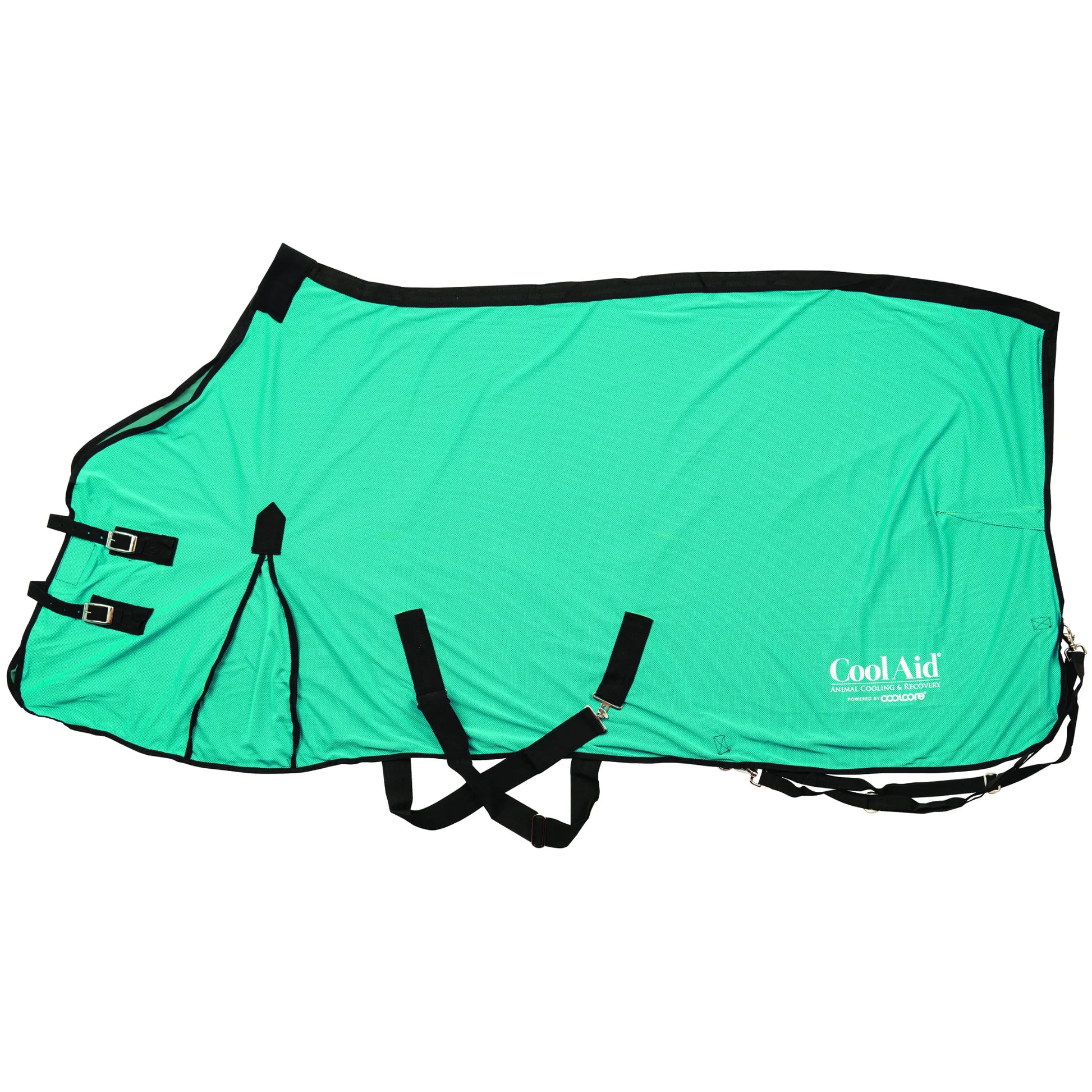 Vibrant teal CoolAid Horse Cooling Blanket designed for ultimate equine comfort and post-workout recovery. This lightweight, breathable mesh sheet features black trim, double adjustable front buckle closures, and crisscross belly surcingles for a secure fit. Powered by Coolcore technology, this cooling horse rug helps lower body temperature effectively. Ideal for keeping your horse cool and comfortable during hot summer days or after intense training sessions.