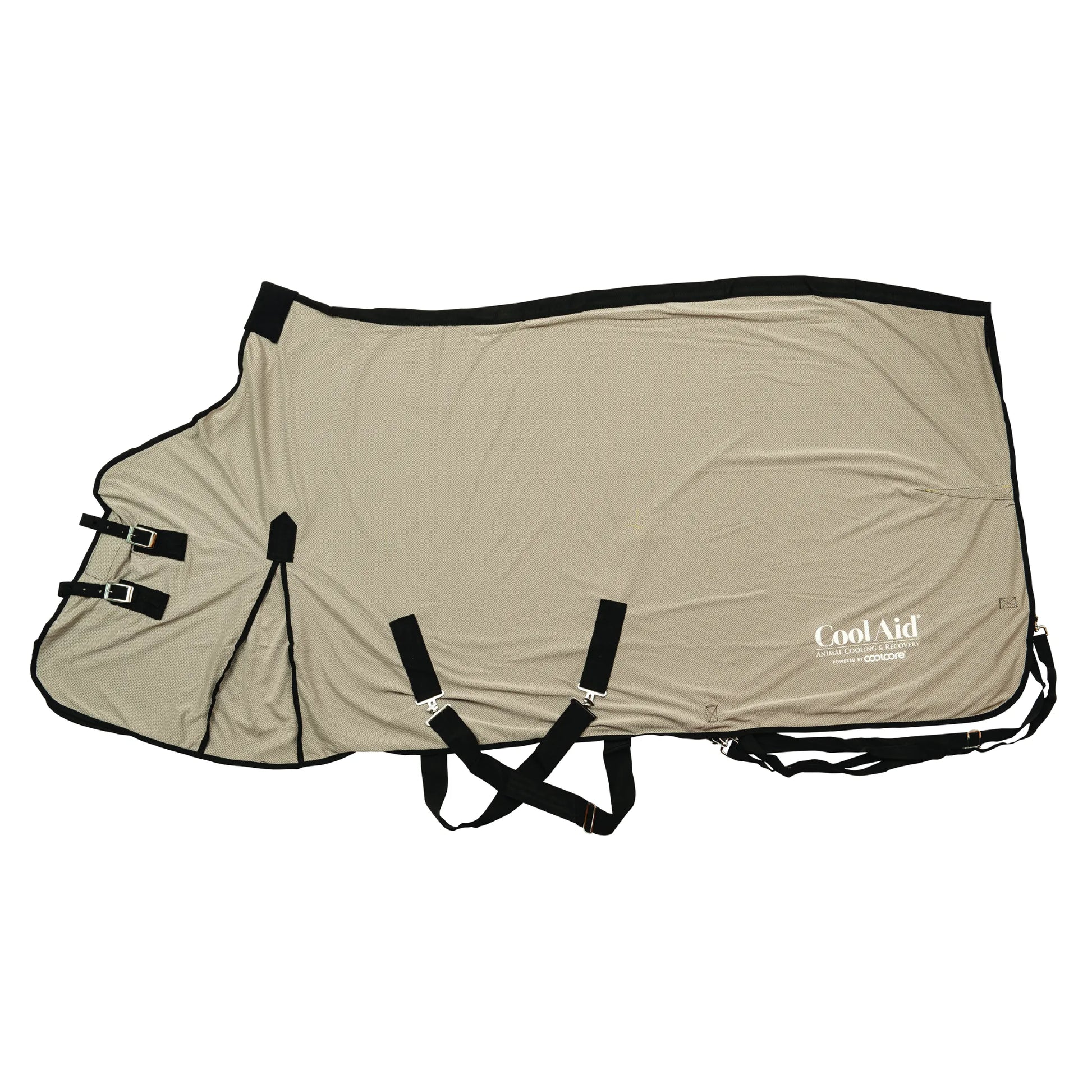 CoolAid Horse Cooling Blanket in tan with black trim, designed for ultimate equine comfort and post-exercise recovery. This lightweight, breathable mesh sheet features Coolcore technology, adjustable front buckles, belly surcingles, and leg straps for a secure fit. Ideal for summer heat relief and equestrian performance, this high-quality horse cooling sheet is a must-have for keeping your horse cool and comfortable in the stable or at shows.