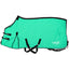 CoolAid Horse Cooling Blanket in vibrant mint green featuring black trim and adjustable straps. This lightweight, breathable mesh equine cooling sheet provides ultimate heat relief and recovery for horses. Features include dual front chest buckles, crossed belly surcingles, and leg straps for a secure fit. Perfect for post-exercise cooling or hot summer days. The white CoolAid logo is visible on the hindquarter. High-performance equine cooling gear powered by Coolcore.