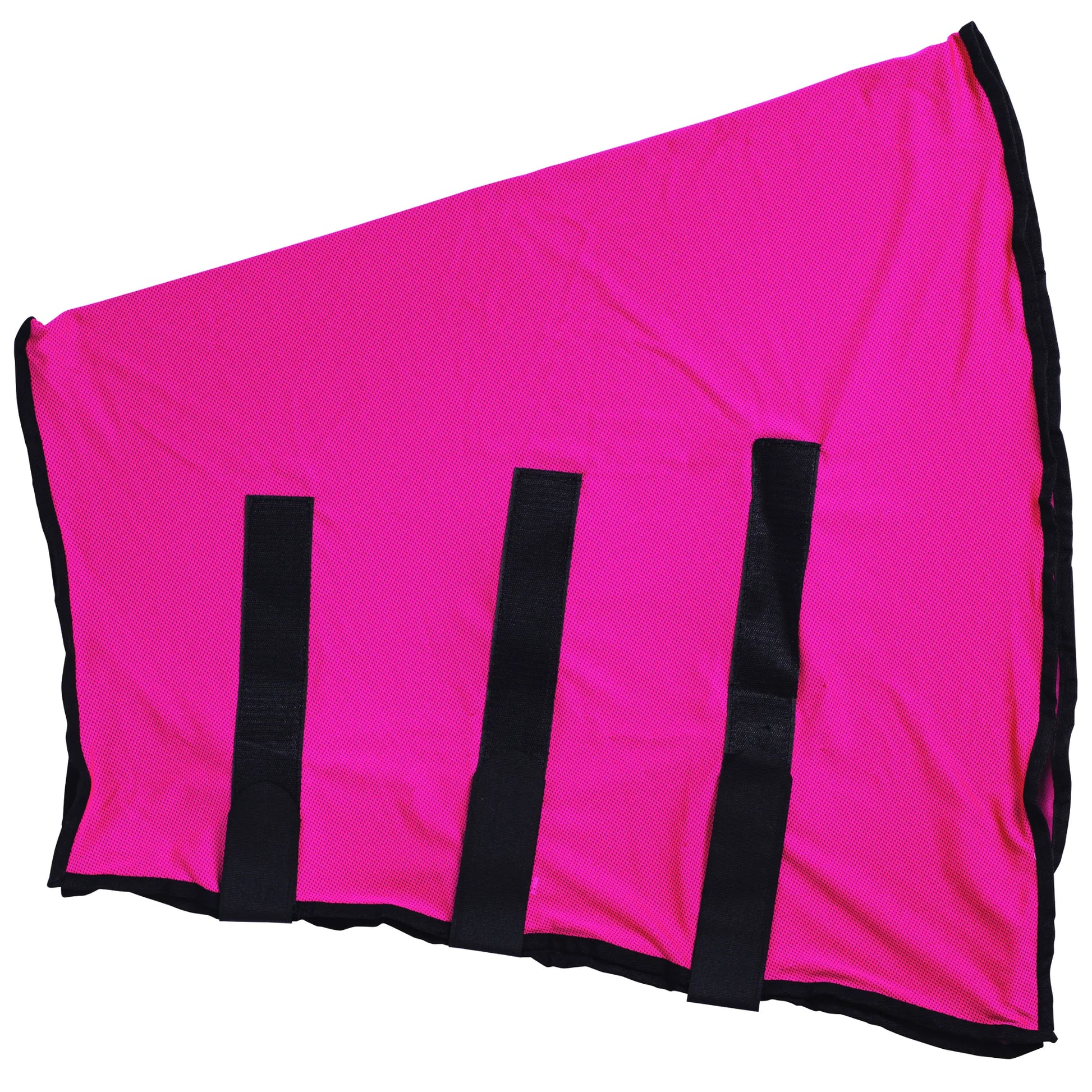 Bright pink CoolAid Horse Neck Wrap featuring breathable, lightweight mesh fabric and three adjustable black hook-and-loop straps for a secure fit. This equine cooling gear provides ultimate relief and sun protection, designed to keep horses comfortable in hot weather. The vibrant pink wrap includes black trim detailing, perfect for equestrians looking for high-performance, stylish horse accessories to prevent overheating and UV damage.