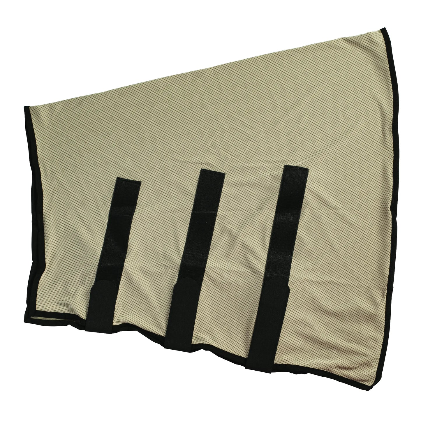 CoolAid® Horse Neck Wrap in breathable tan mesh featuring three adjustable black hook-and-loop straps and black trim. Designed for ultimate equine cooling and UV sun protection, this lightweight horse neck cover provides superior moisture-wicking and comfort during hot weather. Perfect for post-workout recovery or trail rides, this durable equestrian cooling wrap is an essential piece of summer horse gear.