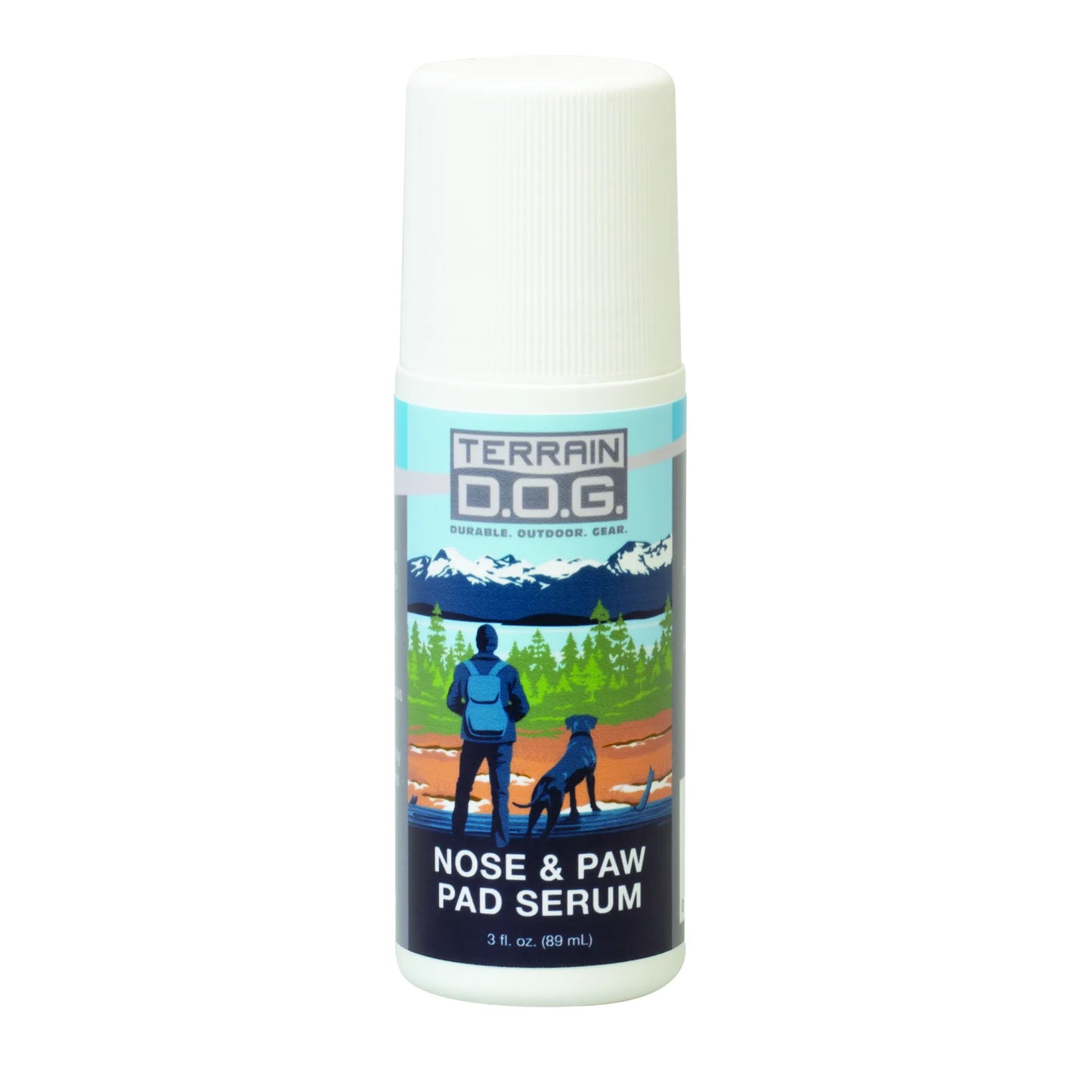 Terrain D.O.G. Nose & Paw Pad Serum in a 3 oz white roll-on bottle. The blue and green label features a scenic illustration of a hiker and their dog overlooking a mountain range. This moisturizing serum is designed to soothe and protect a dog's dry nose and cracked paw pads during outdoor adventures and hiking. High-quality pet skincare and durable gear for active dogs from Coolaid.