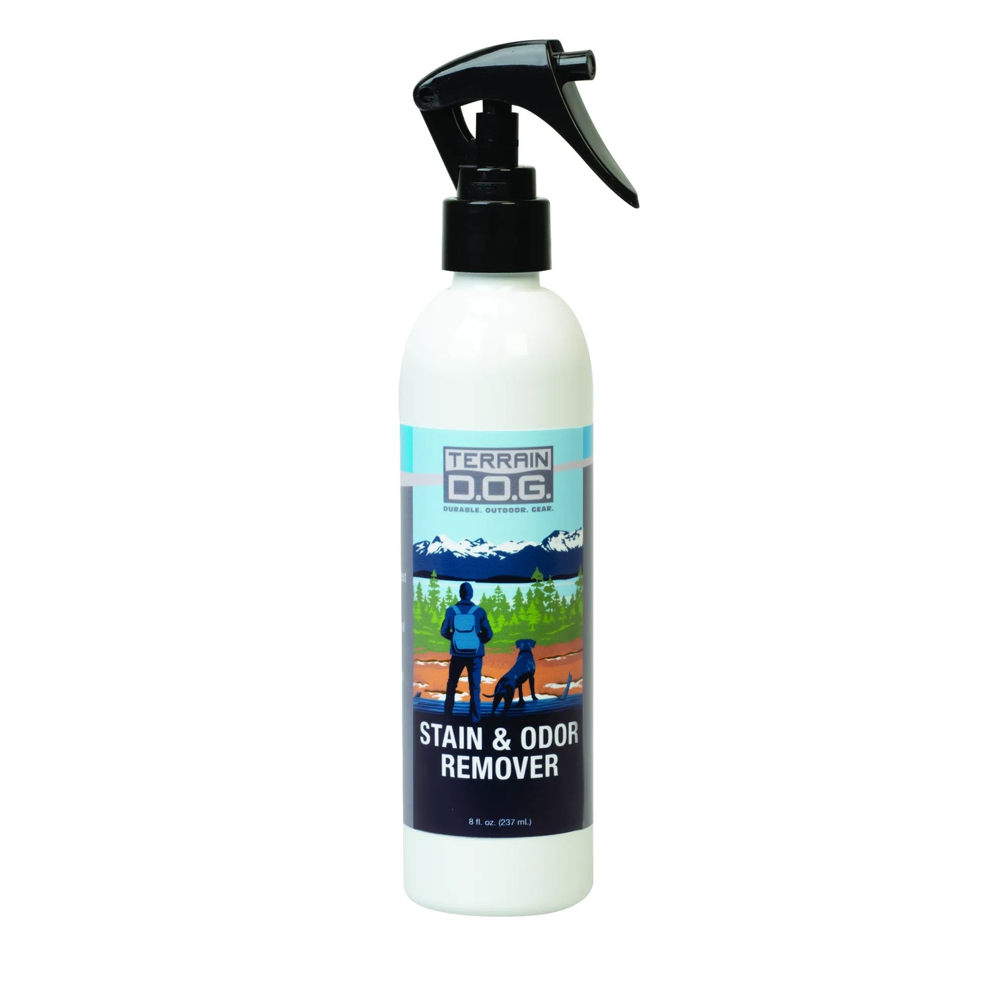 Terrain D.O.G. Stain & Odor Remover 8oz spray bottle for pet owners. This white bottle with a black spray trigger features a scenic mountain and forest landscape on the label. A high-performance pet cleaning solution designed to eliminate tough odors and stains from dog gear and home fabrics. Perfect for active pet owners who love outdoor adventures with their dogs.