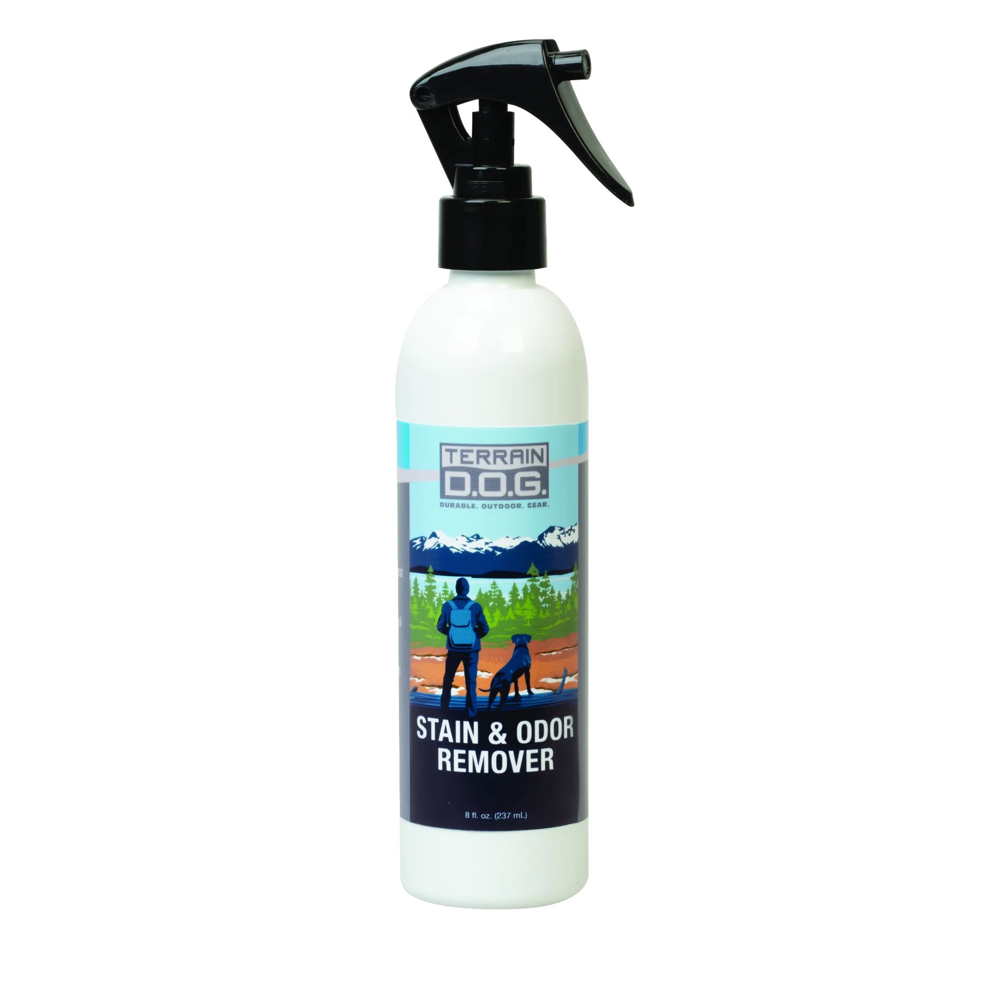 Terrain D.O.G. Stain & Odor Remover 8oz spray bottle for pet owners. This white bottle with a black spray trigger features a scenic mountain and forest landscape on the label. A high-performance pet cleaning solution designed to eliminate tough odors and stains from dog gear and home fabrics. Perfect for active pet owners who love outdoor adventures with their dogs.