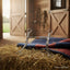Myler MB 03T Snaffle Bit with sweet iron twisted mouthpiece and copper roller, resting on a blue and red blanket on hay in an equestrian barn.