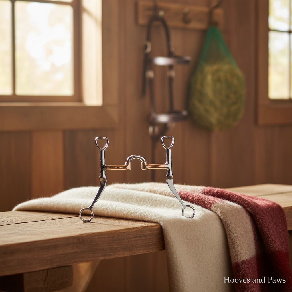 Myler MB 27LP correctional curb bit for horse training, silver and copper, on a cream and red striped blanket on a wooden bench in a sunlit stable. Equestrian tack.