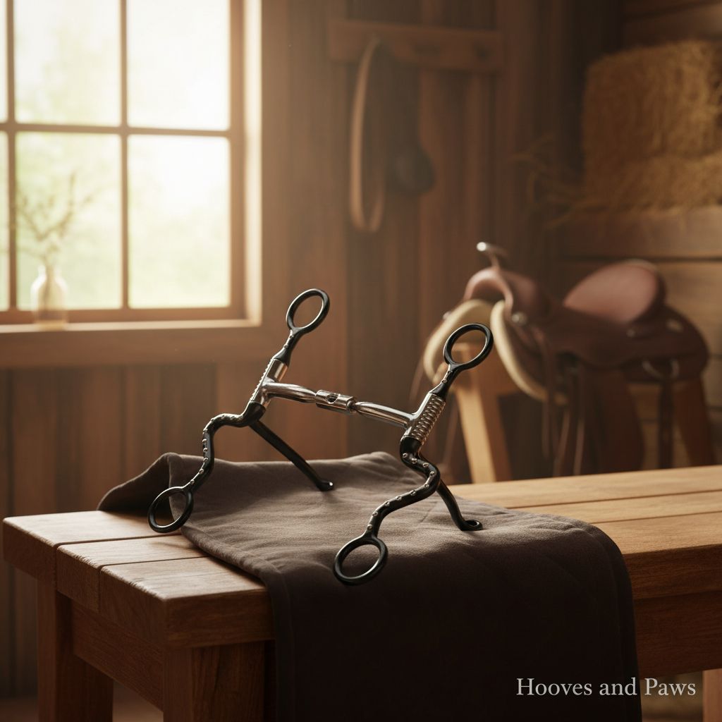 Myler Black Steel Seven Shank with Comfort Snaffle Wide Barrel MB 02 horse bit resting on a dark runner on a wooden table in a rustic barn with a saddle and sunlit window.