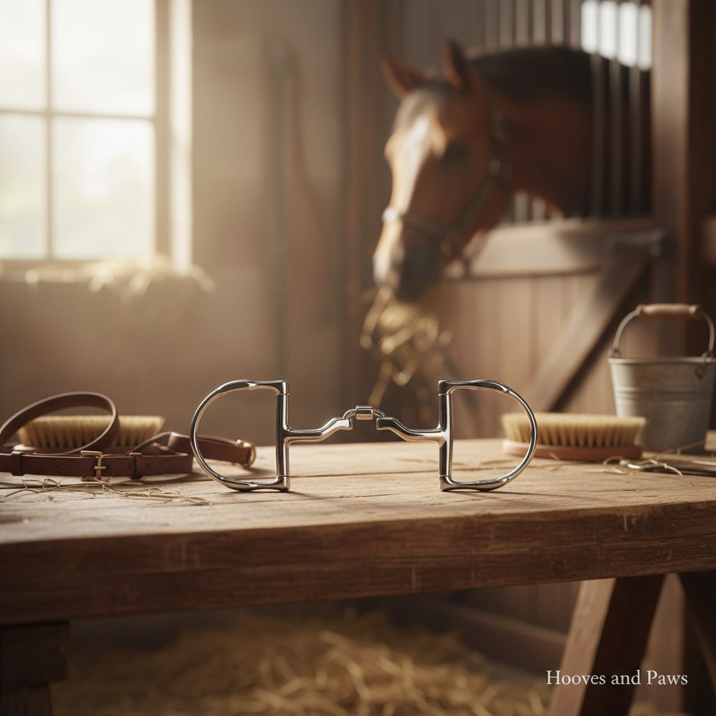 Myler MB 41PB Snaffle Bit with correctional ported barrel in stainless steel, displayed on a wooden table in a sunlit barn with a horse eating hay in the background.