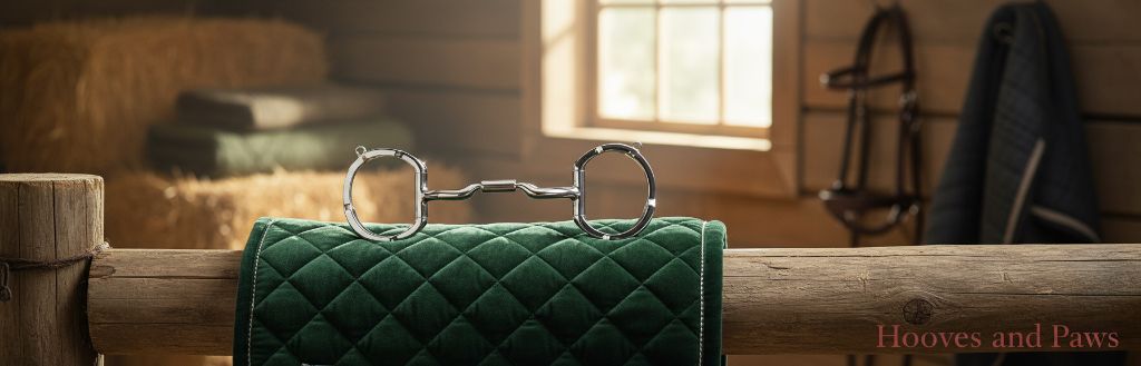 Myler 04 Stainless Steel Eggbutt with Hooks horse bit resting on a green quilted saddle pad in a rustic, sunlit barn with hay bales.