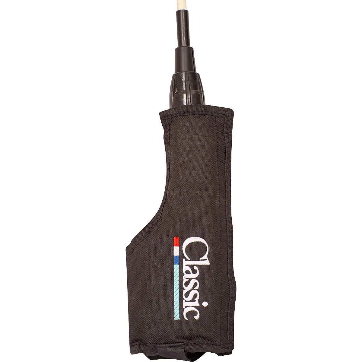 Durable black rope cattle prod holder featuring a heavy-duty fabric construction and an easy-access design for livestock handling. This tool holster displays the embroidered white Classic logo with distinctive red, white, and teal accents. Designed for ranchers and farmers, it provides a secure and convenient way to carry a cattle prod tool on a belt for quick use in the field or at the barn.