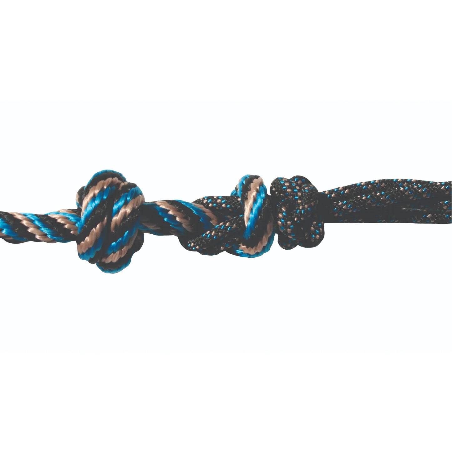 Professional’s Choice Rope Halter and 10' Lead featuring a durable, heavy-duty braided design in a stylish blue, black, and tan pattern. The close-up showcases the high-quality craftsmanship and secure knots, making it a reliable choice for horse training and everyday equestrian use. This essential piece of horse tack combines strength and professional performance for riders and trainers.